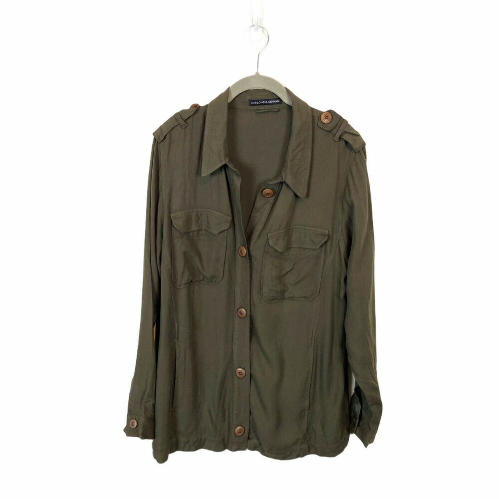 Harlowe & Graham Women's Olive Flap Pockets Button Front Shirt Jacket sz Large
